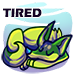 A sleeping zorvic with green markings on a blue swirl background with the word "Tired" above.