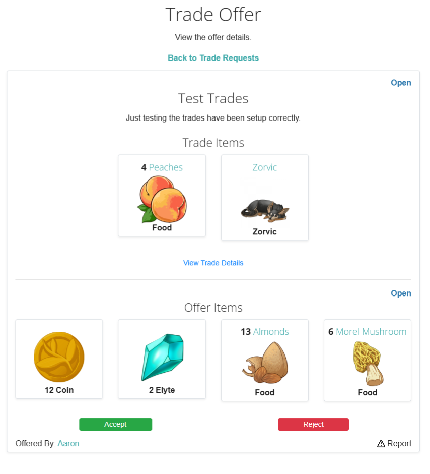 Trade with Peach and a Zorvic and Offer with multiple Items and Accept or Reject button